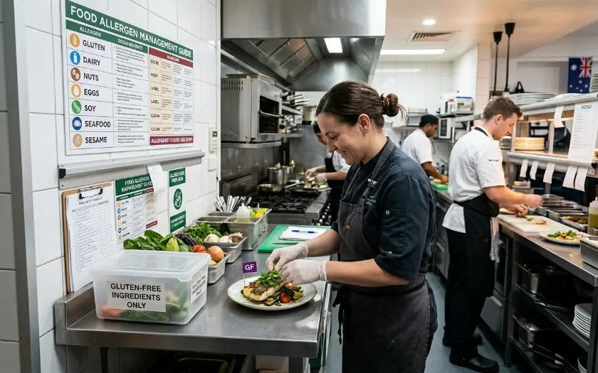 Managing Food Allergens in Australian Hospitality give me realstic image about this title , more simple , i need kust realstic photo . so you can skip the title in design , size 840*525