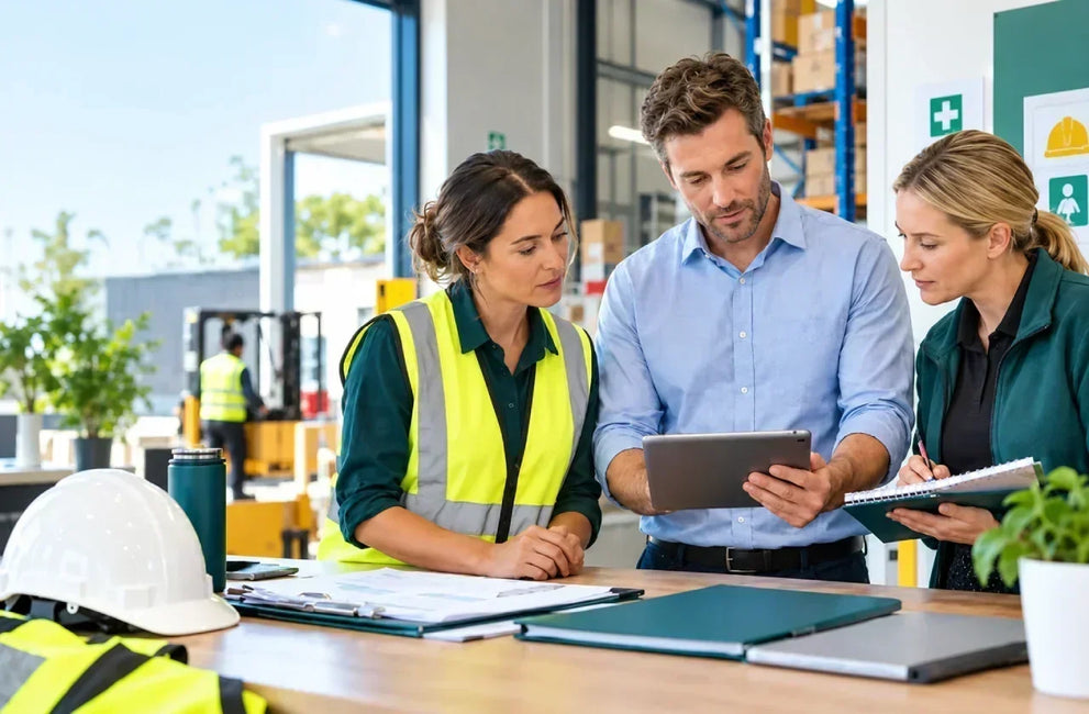 Australian employers reviewing a WHS compliance checklist in a modern workplace