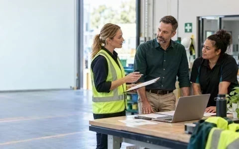 Australian employer and workers discussing WHS responsibilities in a workplace