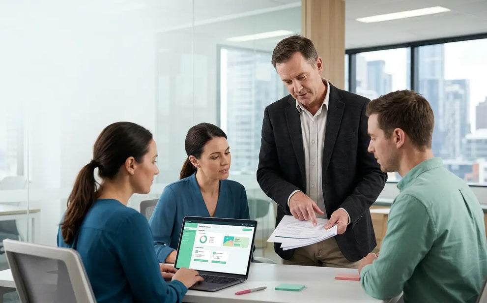 Compliance professionals reviewing AML training options in a modern Australian office
