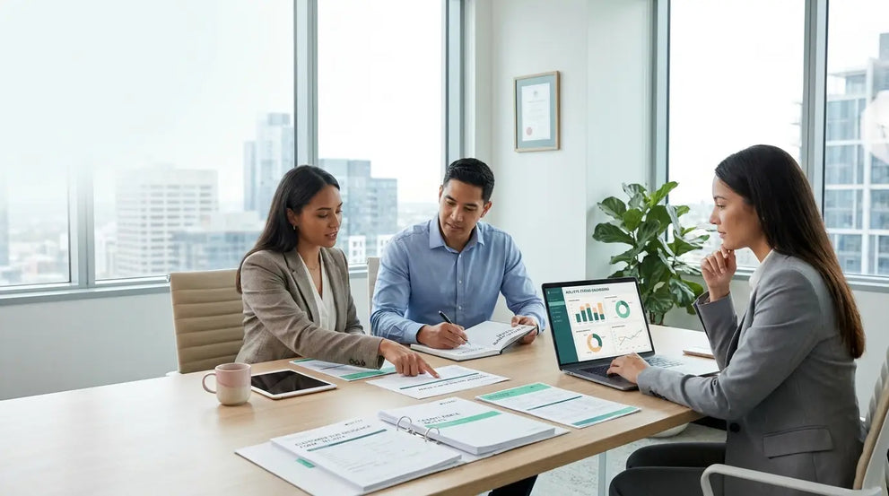 Compliance team reviewing customer due diligence and AML documents in a modern Australian office