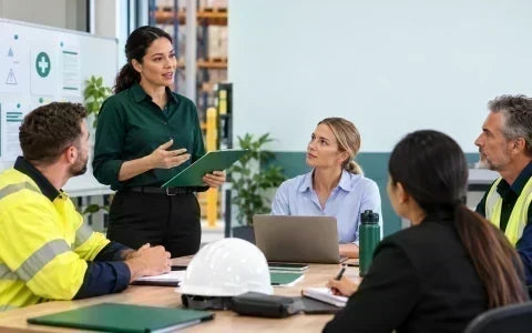 Australian workers and supervisor discussing work health and safety in a professional workplace 