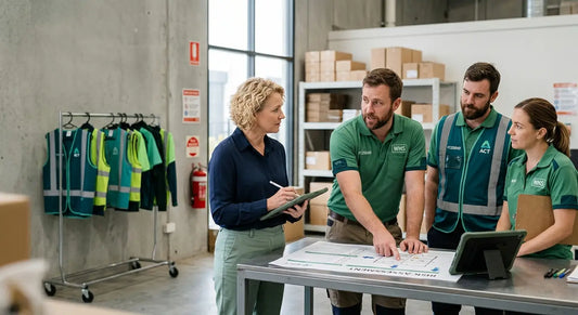 Australian manager discussing workplace health and safety with employees