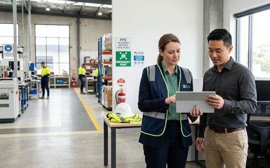 Australian workplace manager reviewing WHS safety risks and compliance responsibilities