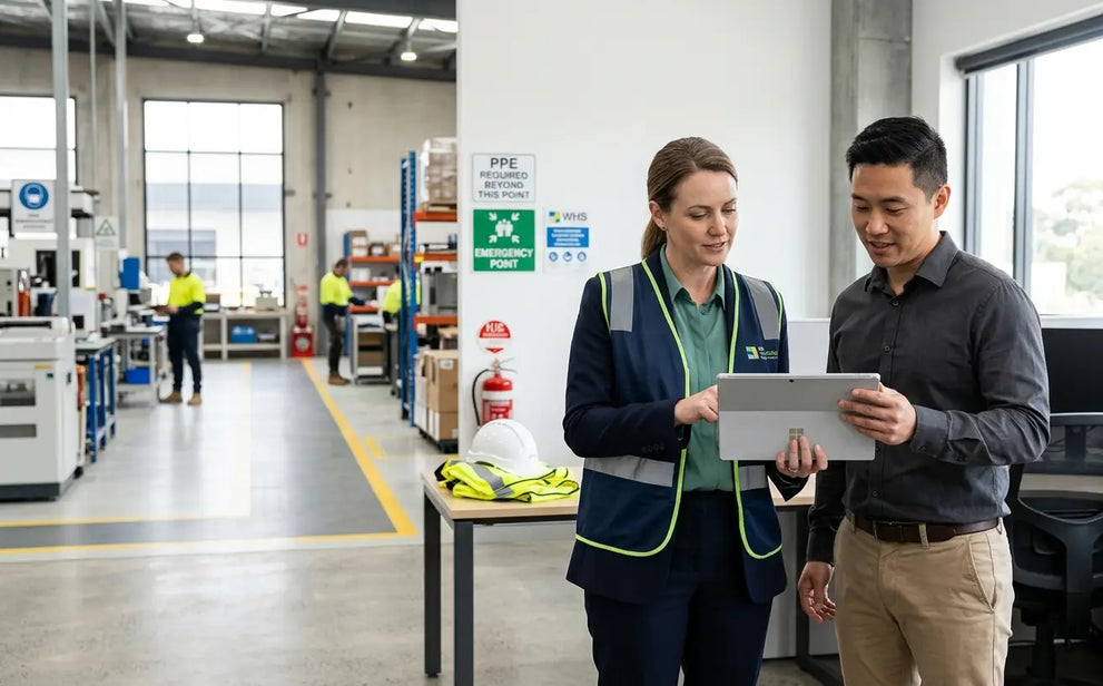 Australian workplace manager reviewing WHS safety risks and compliance responsibilities