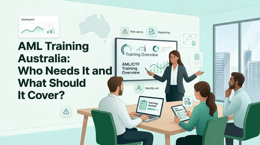 Illustration of Australian professionals participating in AML and CTF training with compliance and risk management elements in a modern office setting.