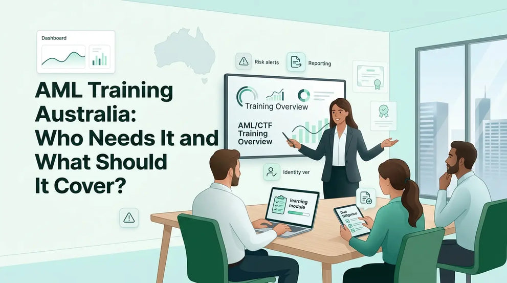 Illustration of Australian professionals participating in AML and CTF training with compliance and risk management elements in a modern office setting.