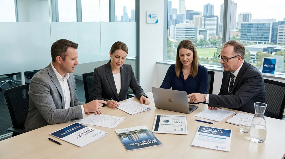  Real estate, legal and accounting professionals reviewing a property transaction in an Australian office under AML/CTF Tranche 2 requirements.