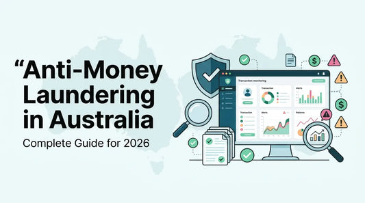 Anti-money laundering in Australia concept image with compliance, risk monitoring and financial-crime prevention visuals.